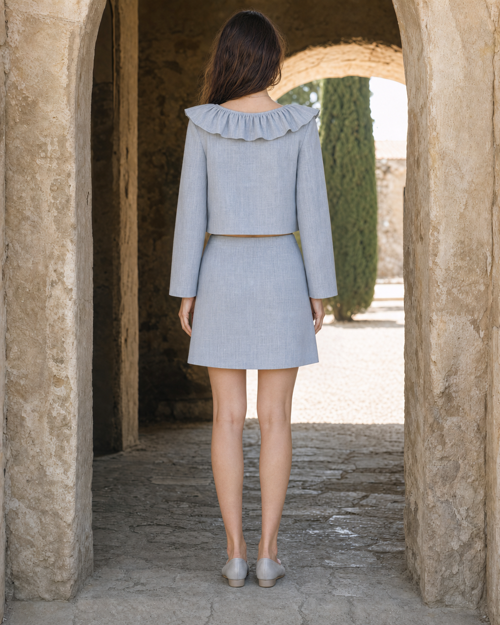 Casual Powder Blue Linen-blend Ruffle-neck Mini Two-piece Set MVA001680AA