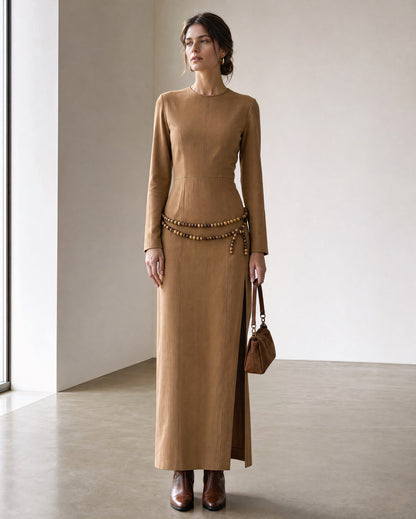 Casual Camel Faux-suede High-neck Long-sleeve Maxi Dress MVA001690AA