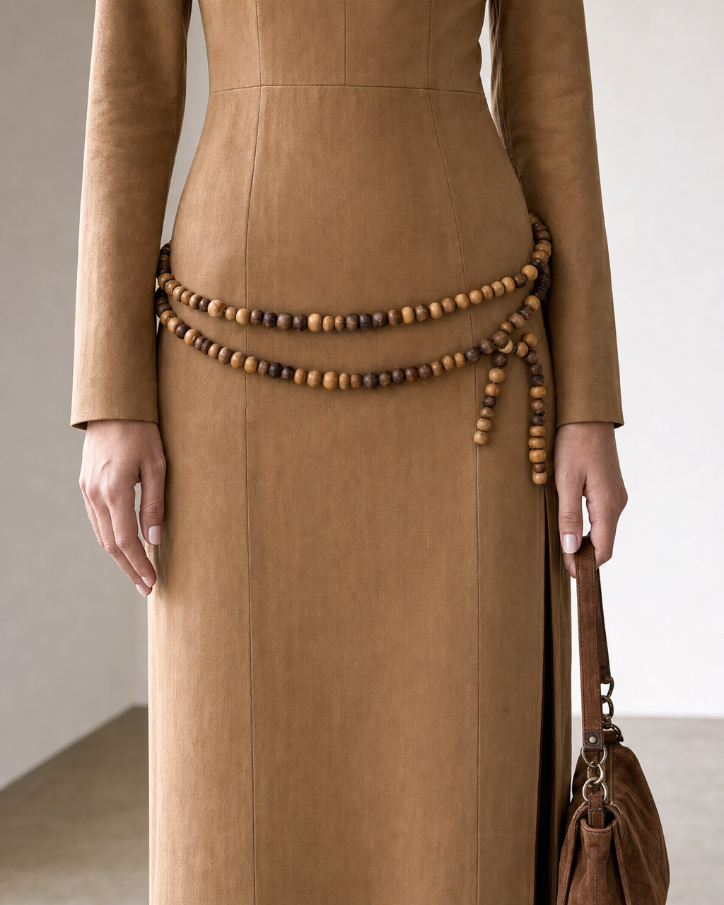 Casual Camel Faux-suede High-neck Long-sleeve Maxi Dress MVA001690AA