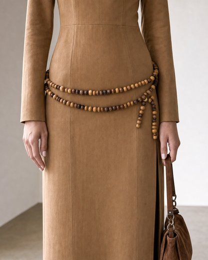 Casual Camel Faux-suede High-neck Long-sleeve Maxi Dress MVA001690AA
