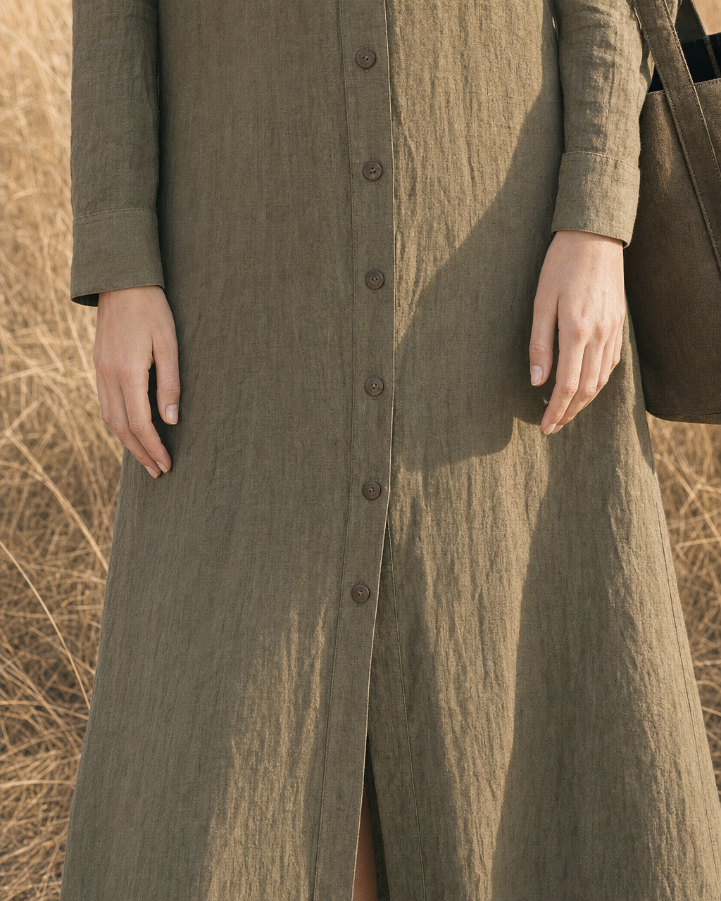 Casual Olive Linen Point-collar Button-front Maxi Shirt Dress MVA001700AA