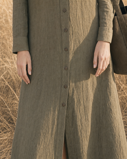 Casual Olive Linen Point-collar Button-front Maxi Shirt Dress MVA001700AA