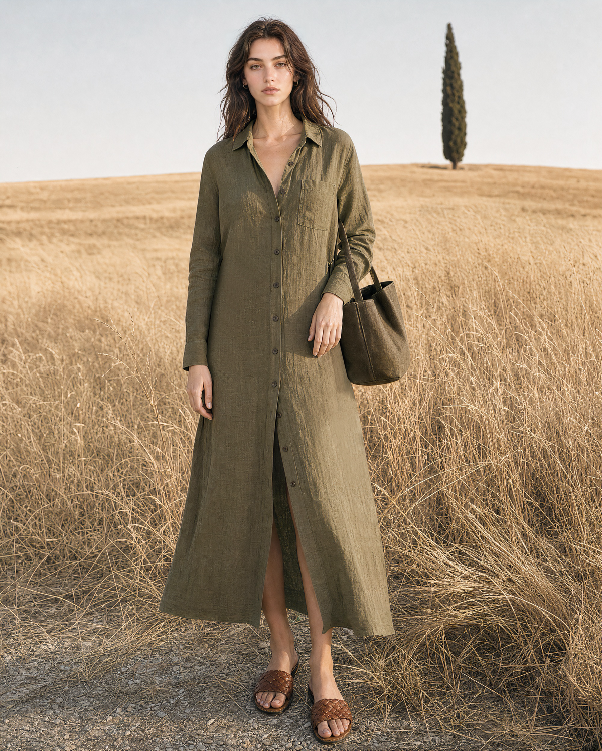 Casual Olive Linen Point-collar Button-front Maxi Shirt Dress MVA001700AA