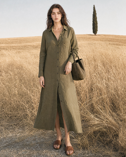 Casual Olive Linen Point-collar Button-front Maxi Shirt Dress MVA001700AA
