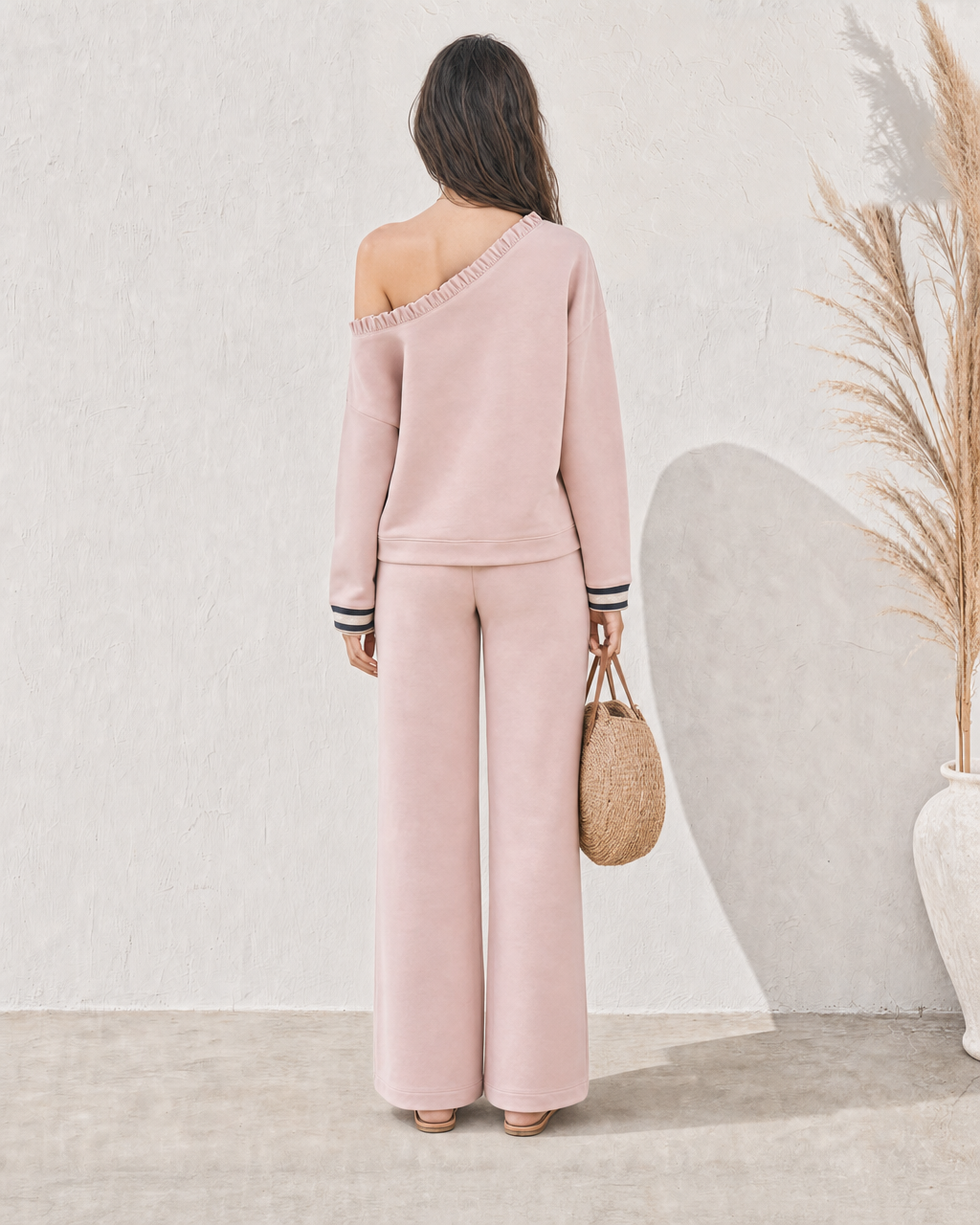 Casual Dusty Pink Knit Ruffle-trim Off-shoulder Wide-leg Two-piece Set MVA001710AA