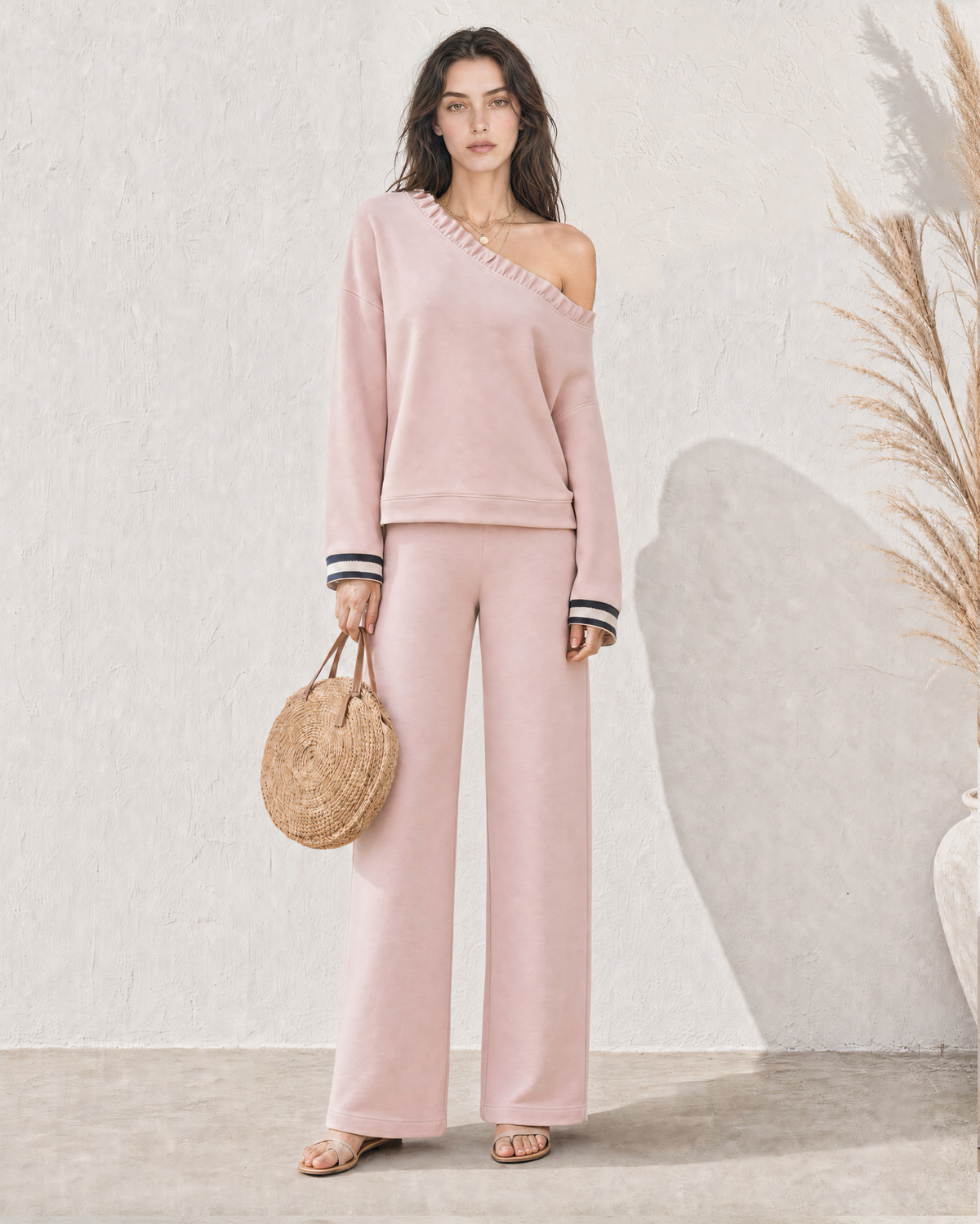 Casual Dusty Pink Knit Ruffle-trim Off-shoulder Wide-leg Two-piece Set MVA001710AA