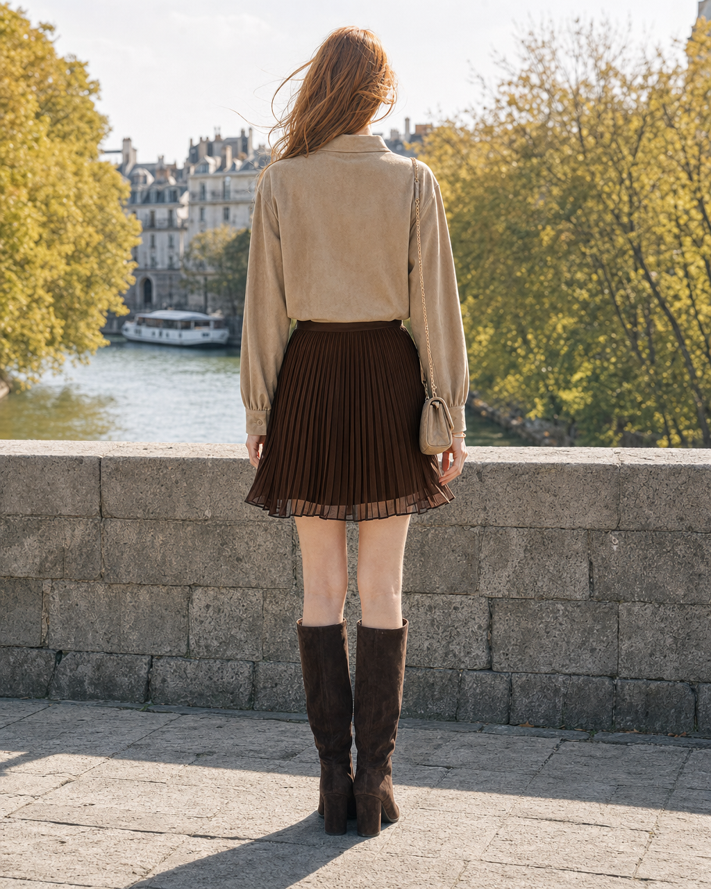 Casual Chocolate Chiffon High-waisted Pleated Mini Skirt MVA001720AA