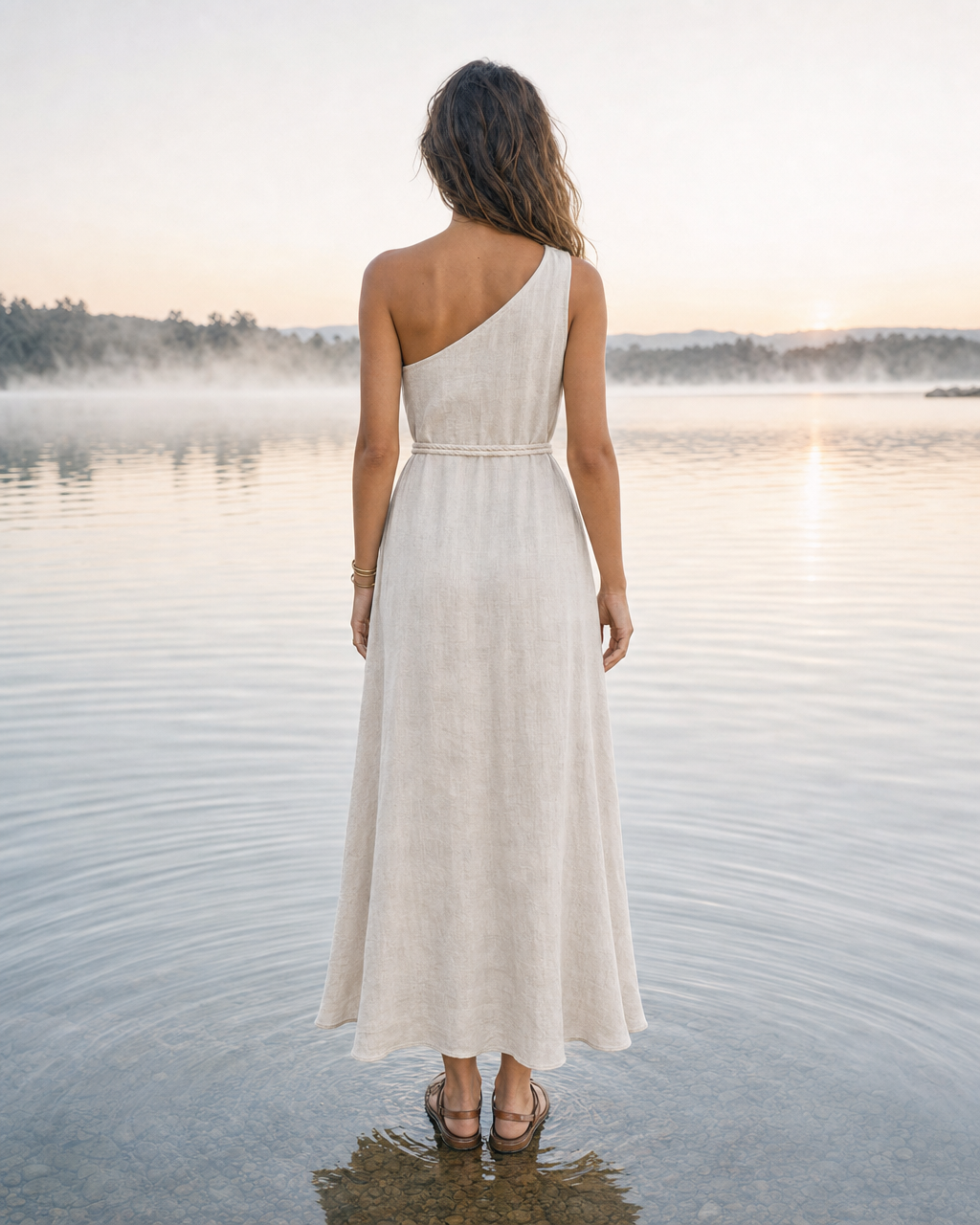 Bohemian Ivory Linen One-shoulder Tasseled Maxi Dress MVA001730AA