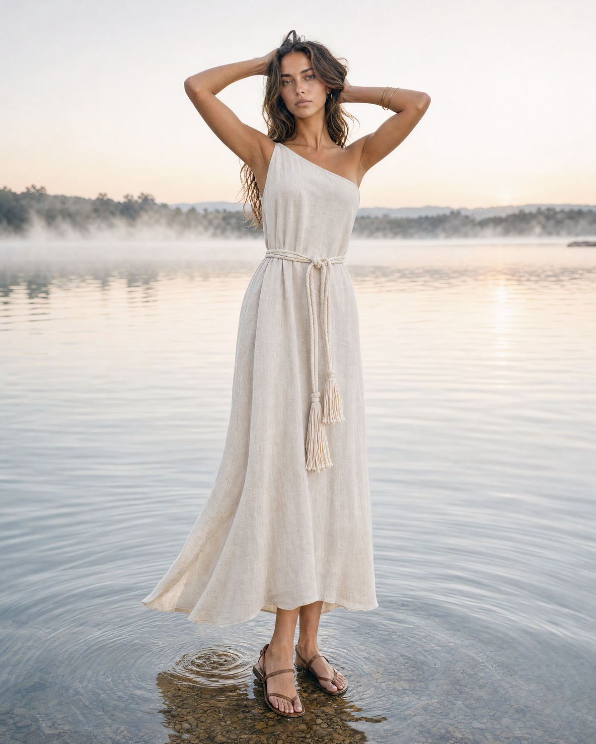 Bohemian Ivory Linen One-shoulder Tasseled Maxi Dress MVA001730AA