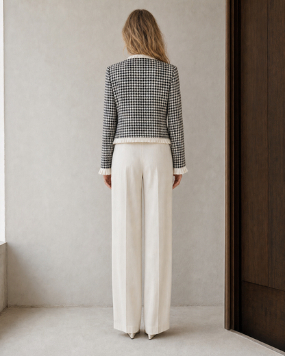 Elegant Black And White Houndstooth Tweed Ruffle-trim Cropped Jacket MVA001740AA