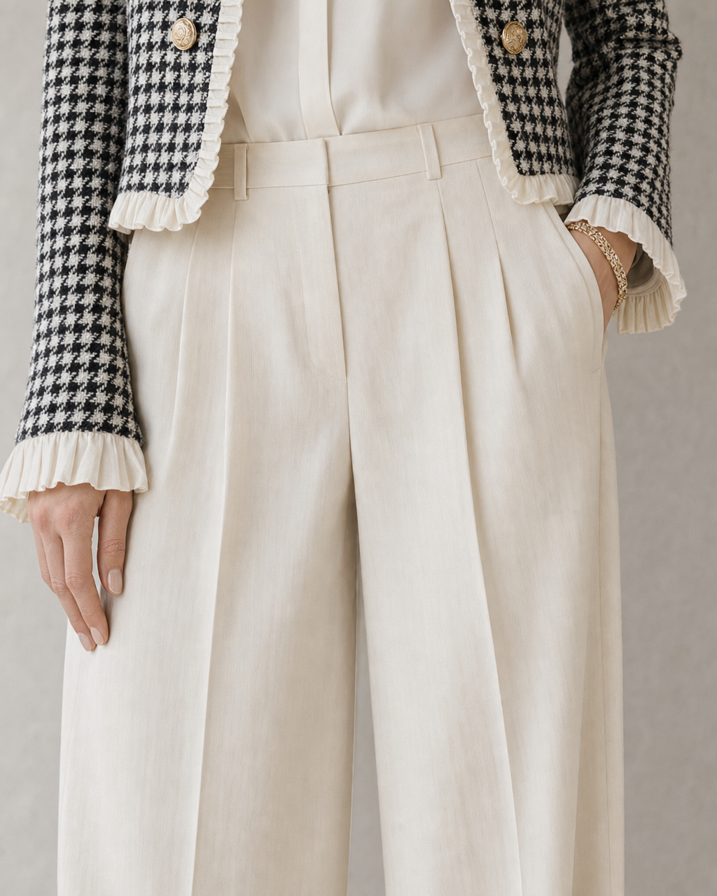 Elegant Black And White Houndstooth Tweed Ruffle-trim Cropped Jacket MVA001740AA