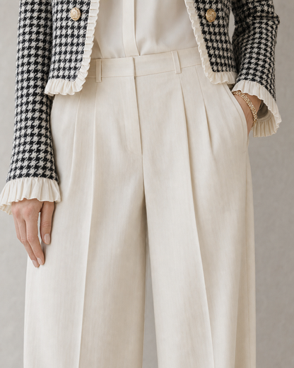 Elegant Black And White Houndstooth Tweed Ruffle-trim Cropped Jacket MVA001740AA