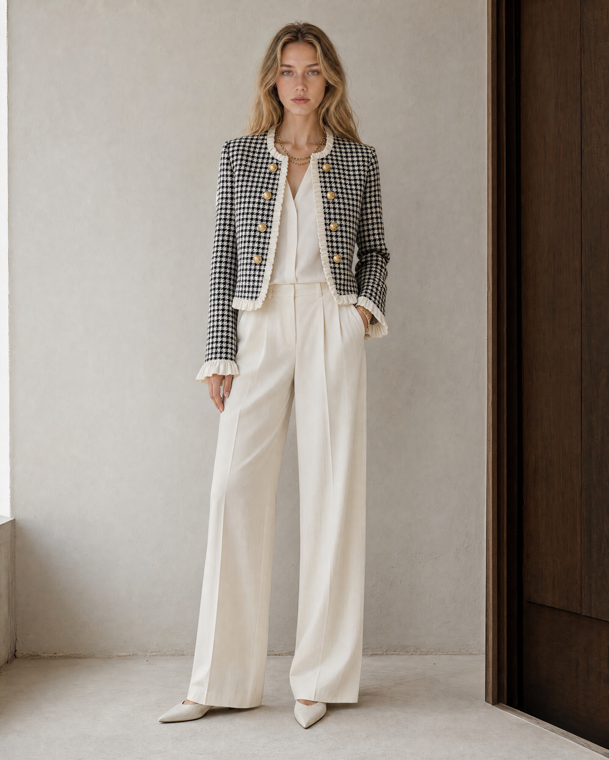 Elegant Black And White Houndstooth Tweed Ruffle-trim Cropped Jacket MVA001740AA