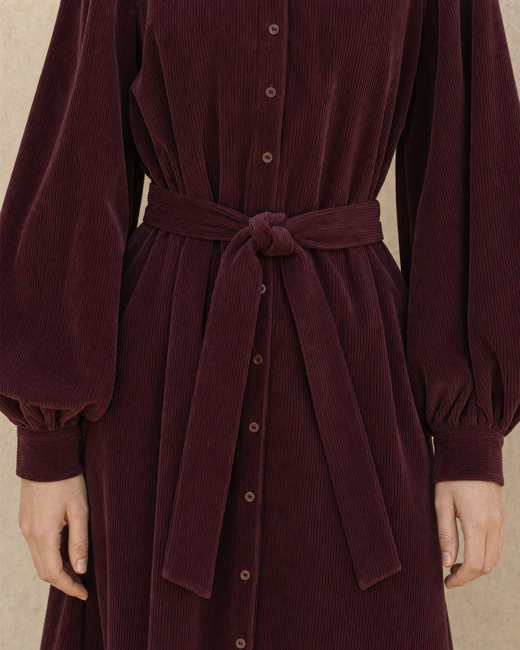 Vintage Burgundy Corduroy Belted Point-collar Maxi Shirt Dress MVA001750AA