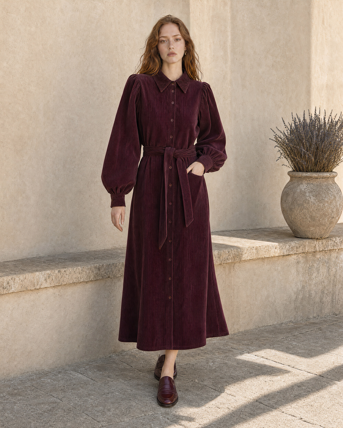Vintage Burgundy Corduroy Belted Point-collar Maxi Shirt Dress MVA001750AA