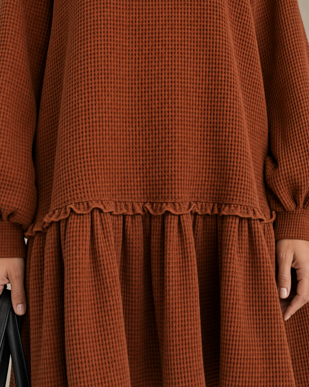 Casual Rust Waffle-knit V-neck Ruffle-hem Mini Dress MVA001760AA