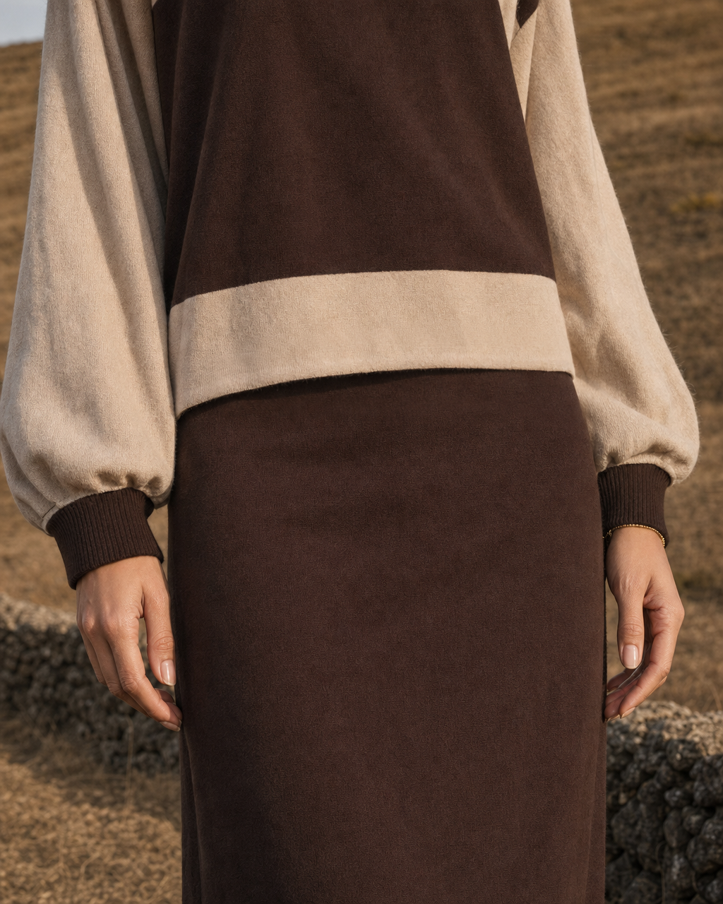 Casual Chocolate And Cream Colorblock Knit Maxi Two-piece Set MVA001770AA