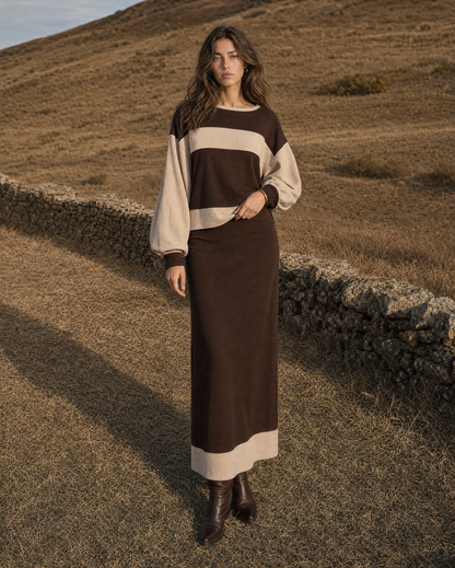 Casual Chocolate And Cream Colorblock Knit Maxi Two-piece Set MVA001770AA
