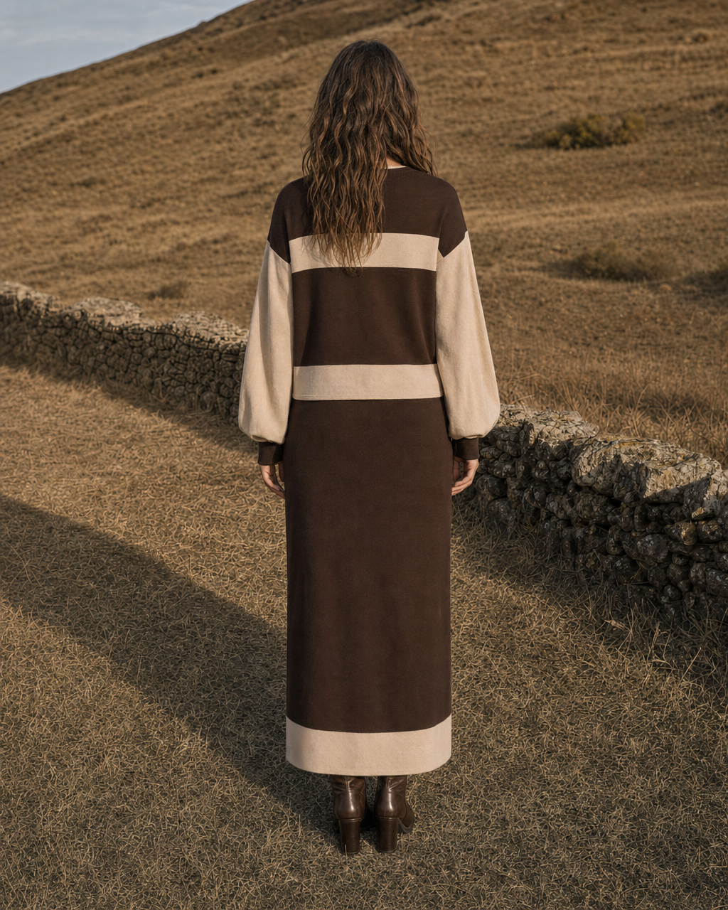 Casual Chocolate And Cream Colorblock Knit Maxi Two-piece Set MVA001770AA