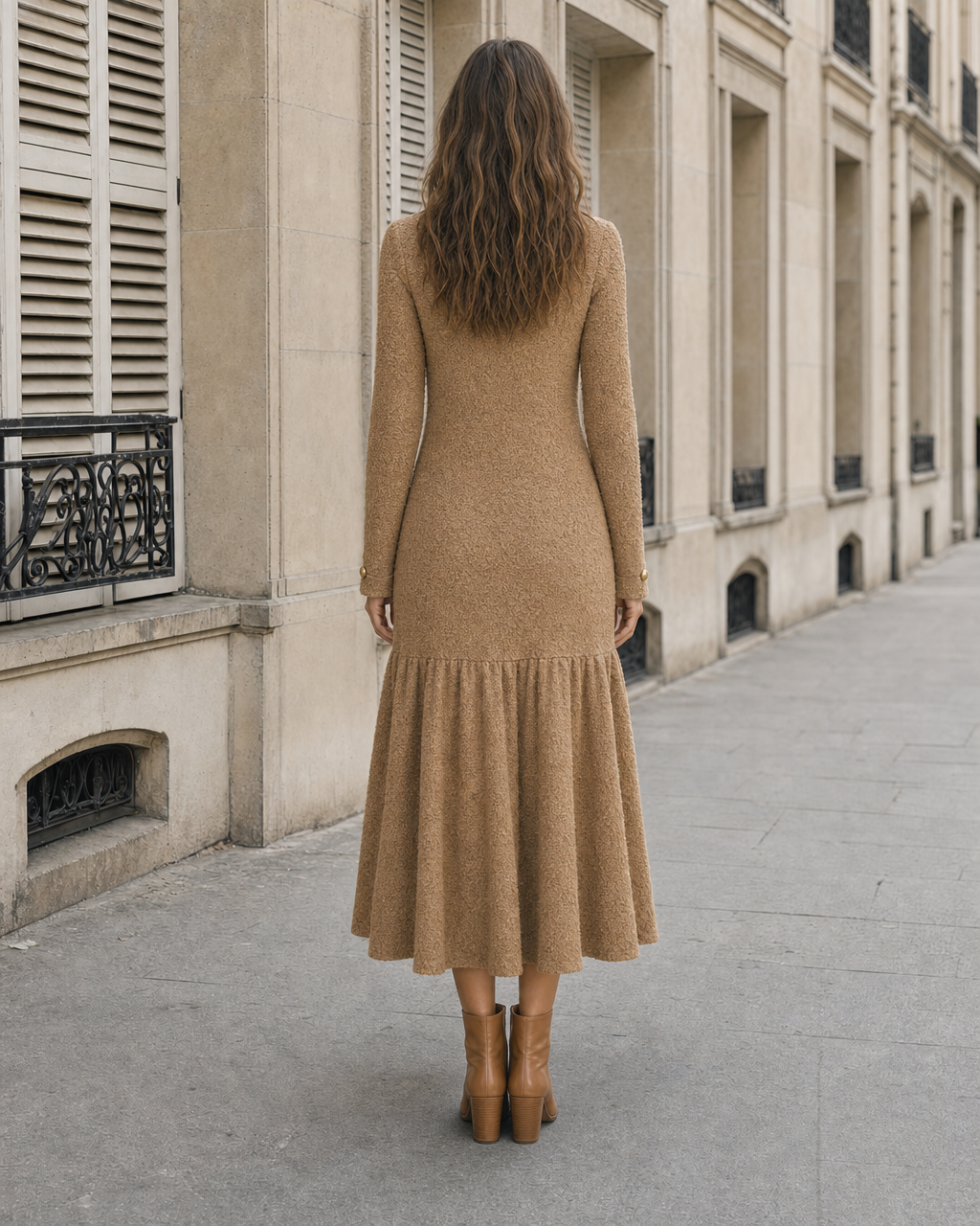 Elegant Camel Bouclé-knit Gold-button Ruffle-hem Midi Dress MVA001780AA