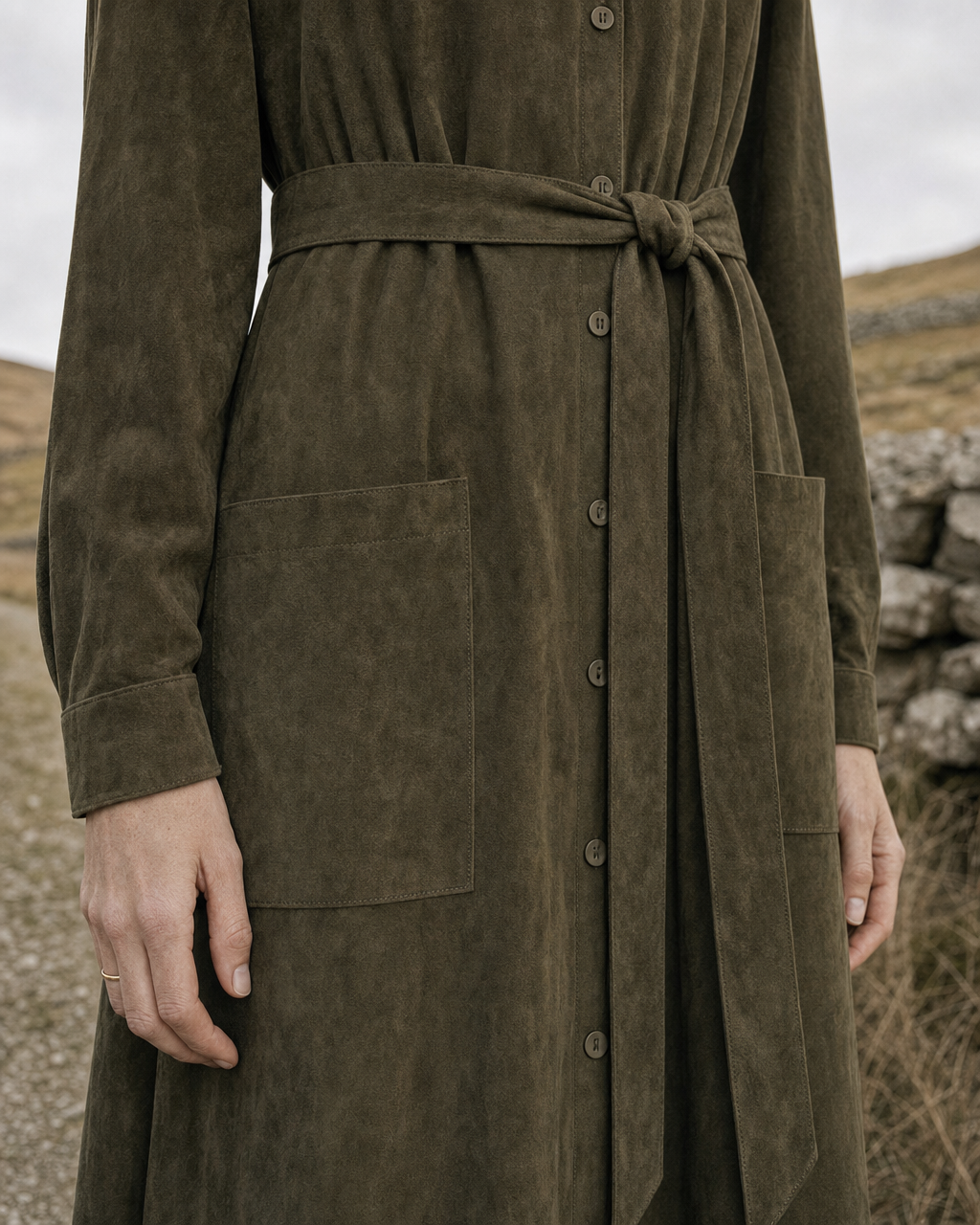 Casual Olive Faux-suede Belted Point-collar Asymmetric Maxi Dress MVA001790AA