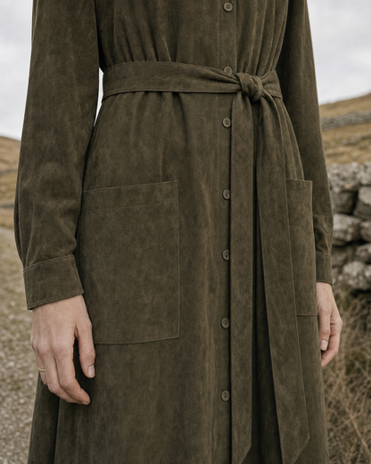Casual Olive Faux-suede Belted Point-collar Asymmetric Maxi Dress MVA001790AA