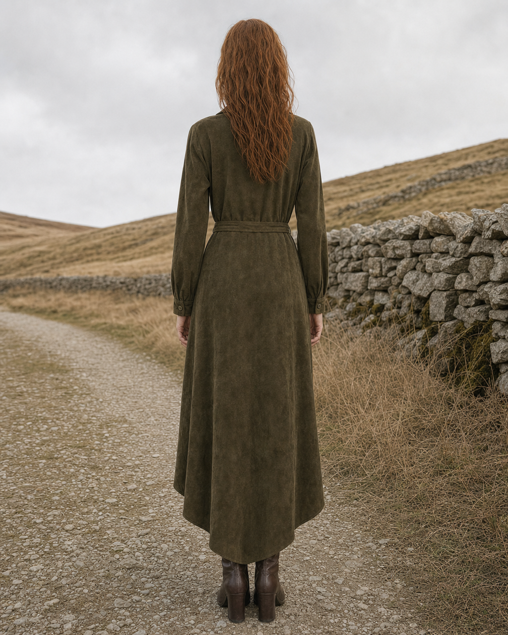 Casual Olive Faux-suede Belted Point-collar Asymmetric Maxi Dress MVA001790AA
