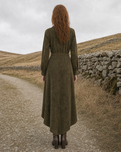 Casual Olive Faux-suede Belted Point-collar Asymmetric Maxi Dress MVA001790AA