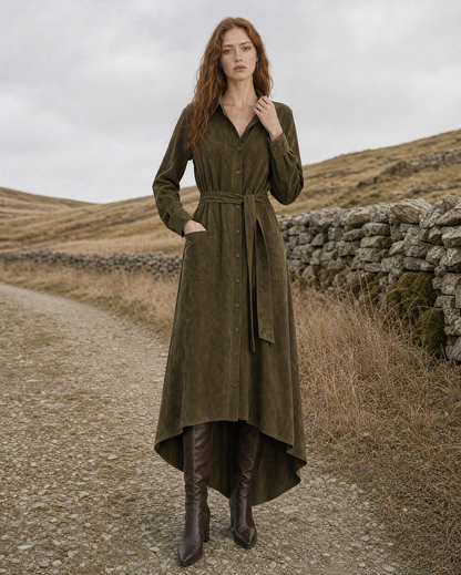 Casual Olive Faux-suede Belted Point-collar Asymmetric Maxi Dress MVA001790AA