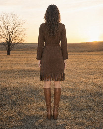 Bohemian Western Chocolate Faux-suede Fringed-hem Belted Midi Dress MVA001800AA