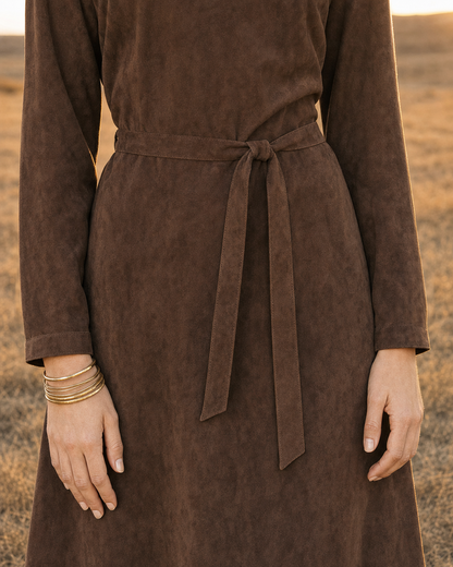 Bohemian Western Chocolate Faux-suede Fringed-hem Belted Midi Dress MVA001800AA