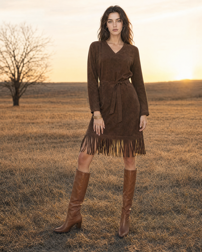 Bohemian Western Chocolate Faux-suede Fringed-hem Belted Midi Dress MVA001800AA