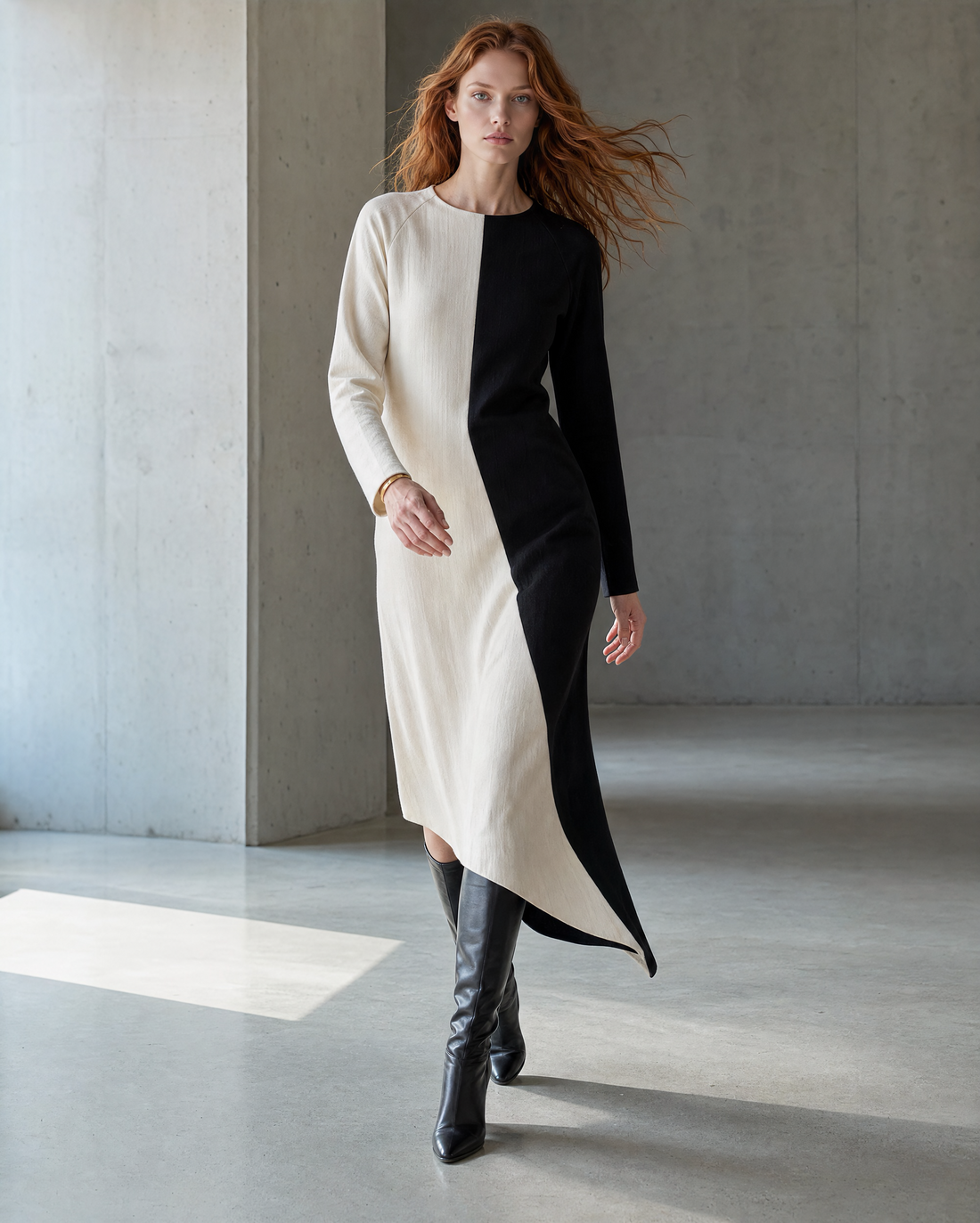 Casual Cream And Black Colorblock Knit Asymmetric Midi Dress MVA001810AA