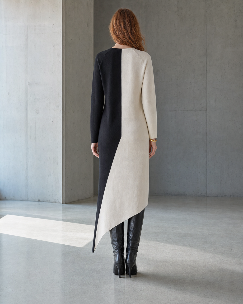 Casual Cream And Black Colorblock Knit Asymmetric Midi Dress MVA001810AA
