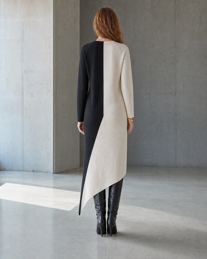 Casual Cream And Black Colorblock Knit Asymmetric Midi Dress MVA001810AA