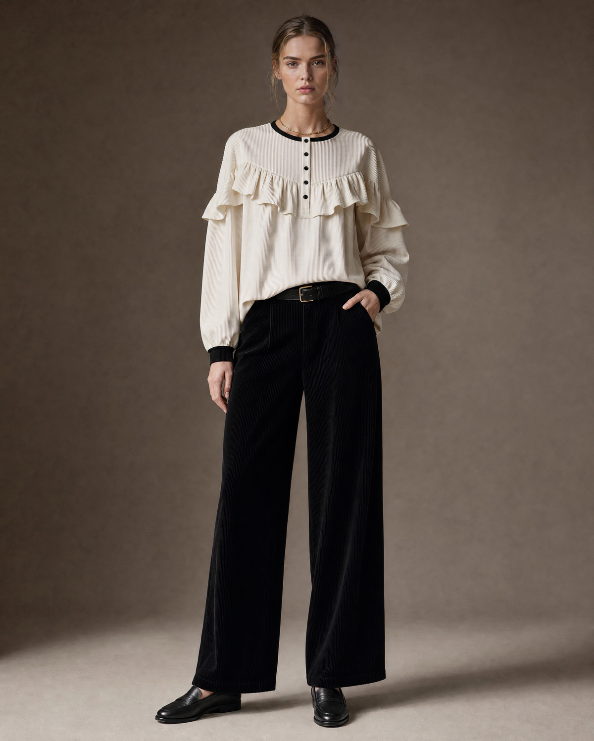 Casual Cream And Black Ruffle-yoke Contrast-trim Wide-leg Two-piece Set MVA001830AA