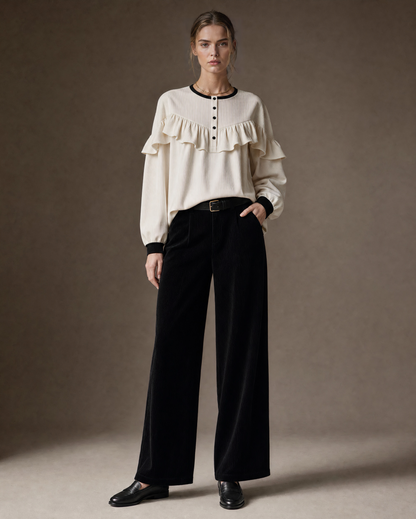 Casual Cream And Black Ruffle-yoke Contrast-trim Wide-leg Two-piece Set MVA001830AA