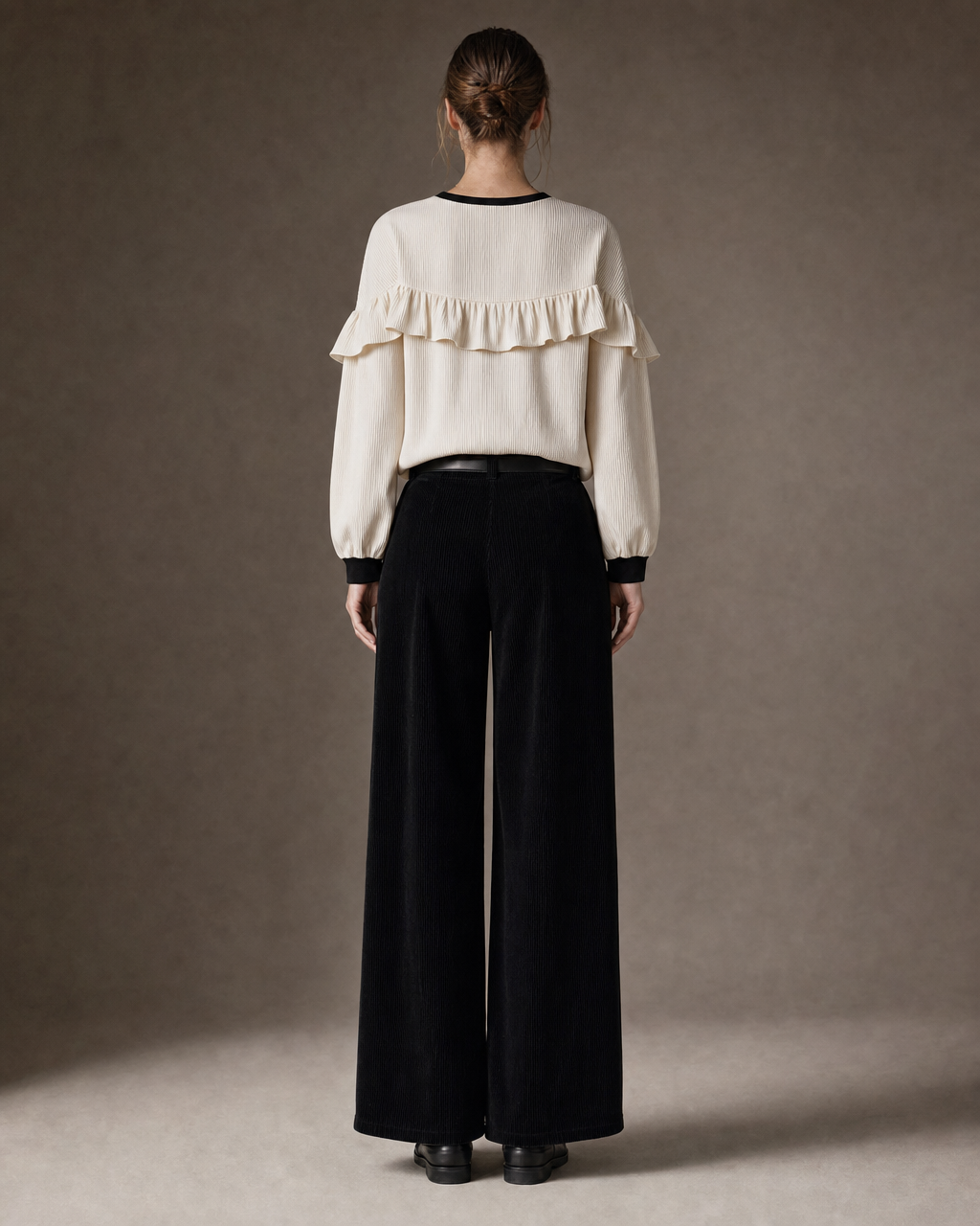 Casual Cream And Black Ruffle-yoke Contrast-trim Wide-leg Two-piece Set MVA001830AA