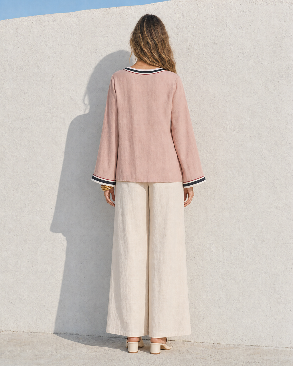 Casual Dusty Pink And Cream Linen-blend Contrast-trim Wide-leg Pants Set MVA001840AA