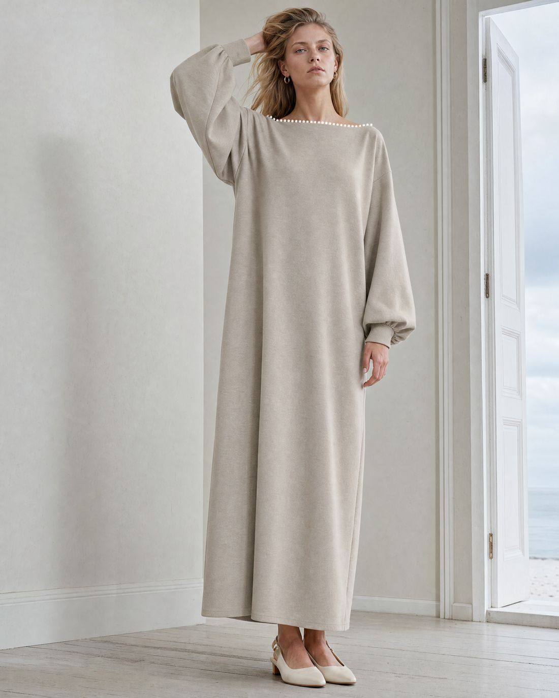 Casual Oatmeal Brushed-knit Pearl-trim Boat-neck Maxi Dress MVA001860AA