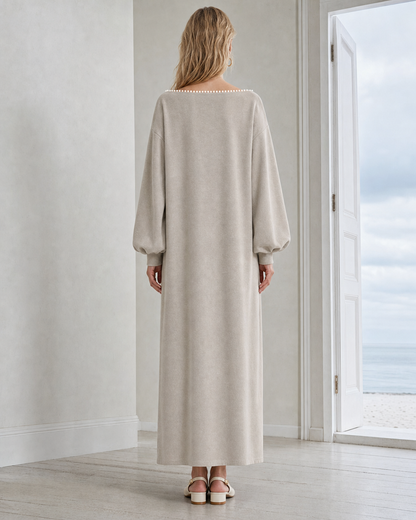 Casual Oatmeal Brushed-knit Pearl-trim Boat-neck Maxi Dress MVA001860AA