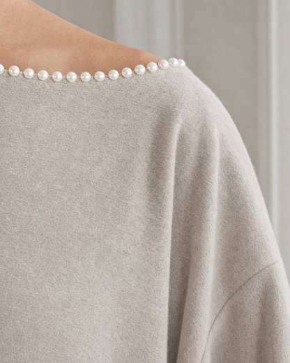 Casual Oatmeal Brushed-knit Pearl-trim Boat-neck Maxi Dress MVA001860AA