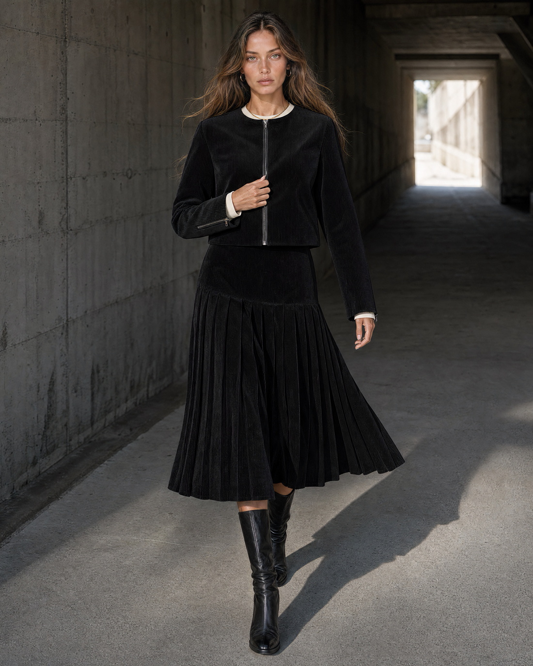 Casual Black Corduroy Zip-front Pleated Midi Two-piece Set MVA001870AA
