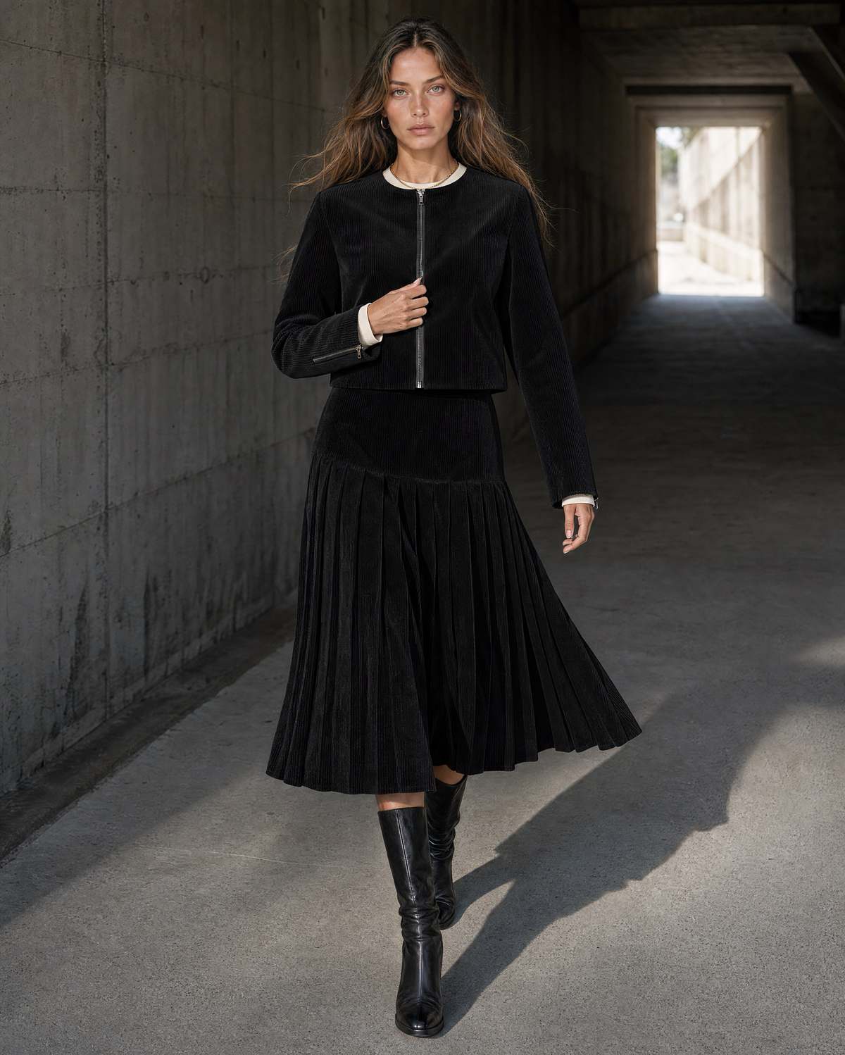 Casual Black Corduroy Zip-front Pleated Midi Two-piece Set MVA001870AA