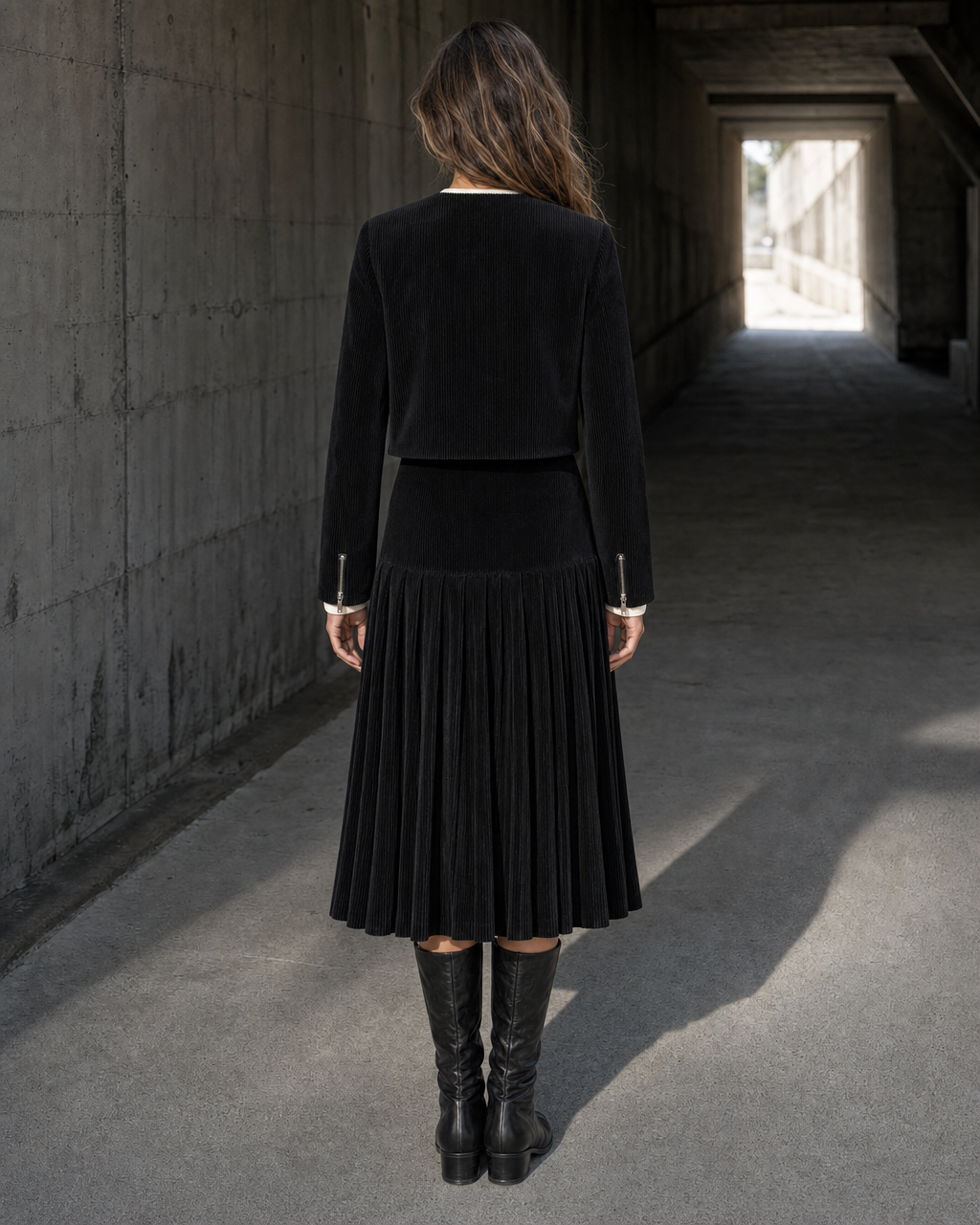 Casual Black Corduroy Zip-front Pleated Midi Two-piece Set MVA001870AA