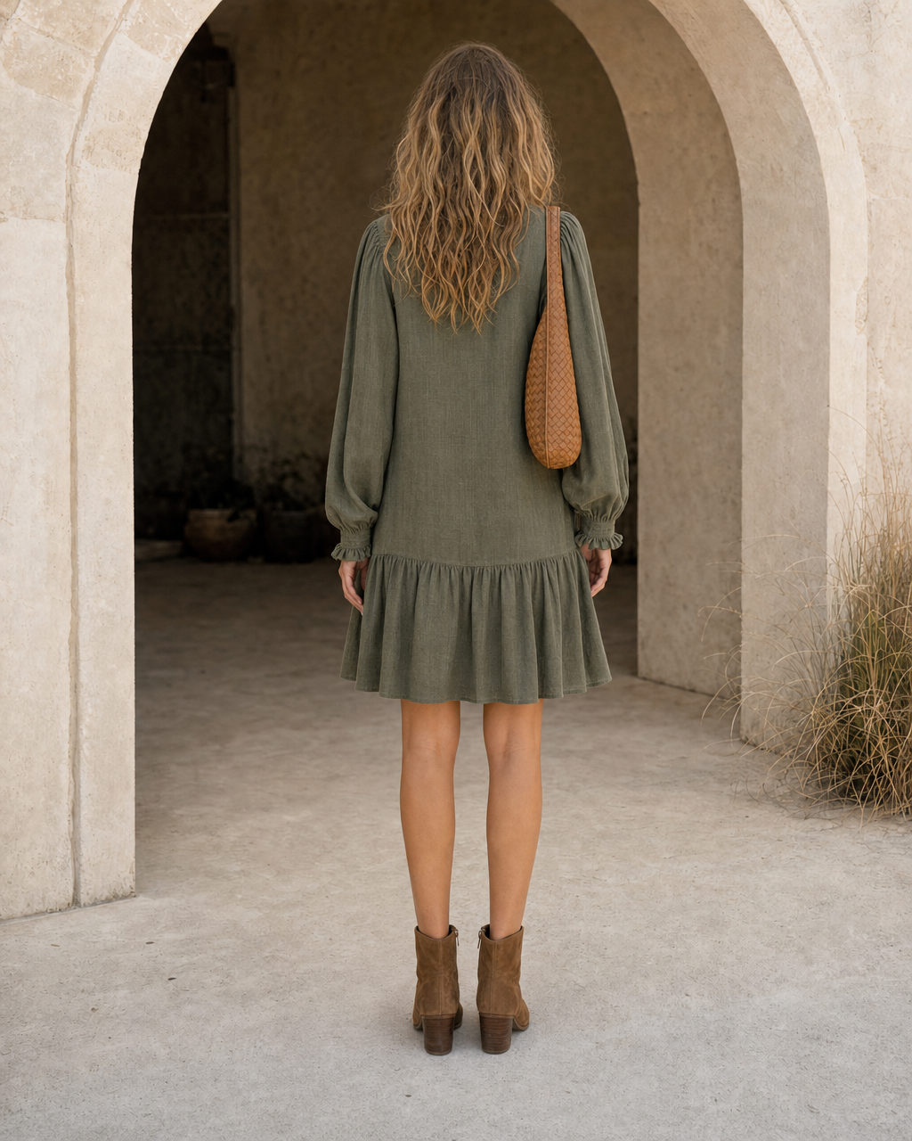 Bohemian Olive Linen Button-front Ruffle-hem Mini Dress MVA001880AA