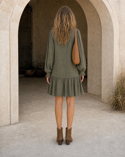 Bohemian Olive Linen Button-front Ruffle-hem Mini Dress MVA001880AA