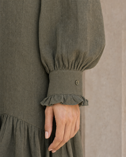 Bohemian Olive Linen Button-front Ruffle-hem Mini Dress MVA001880AA