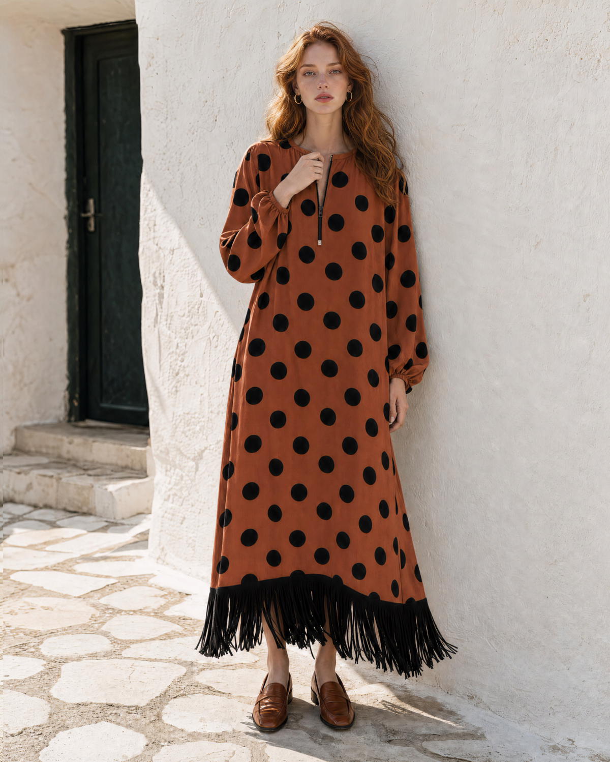 Bohemian Light Blue Polka-dot Woven Fringe-hem Maxi Dress MVA001900AA