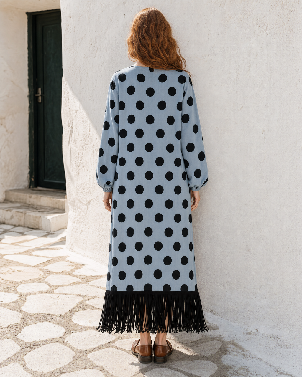 Bohemian Light Blue Polka-dot Woven Fringe-hem Maxi Dress MVA001900AA